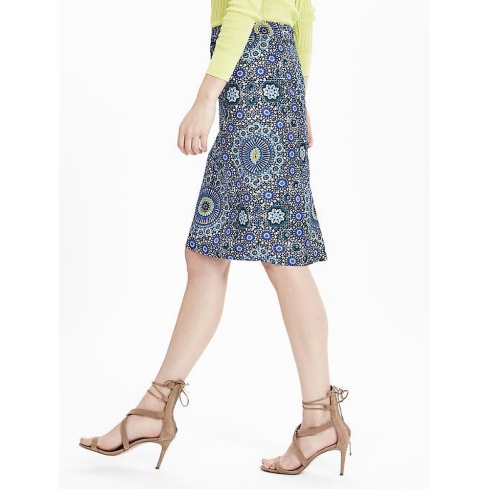 Banana Republic Mosaic Tile Kaleidoscope Linen Pencil Women Knee Length Skirt 8
